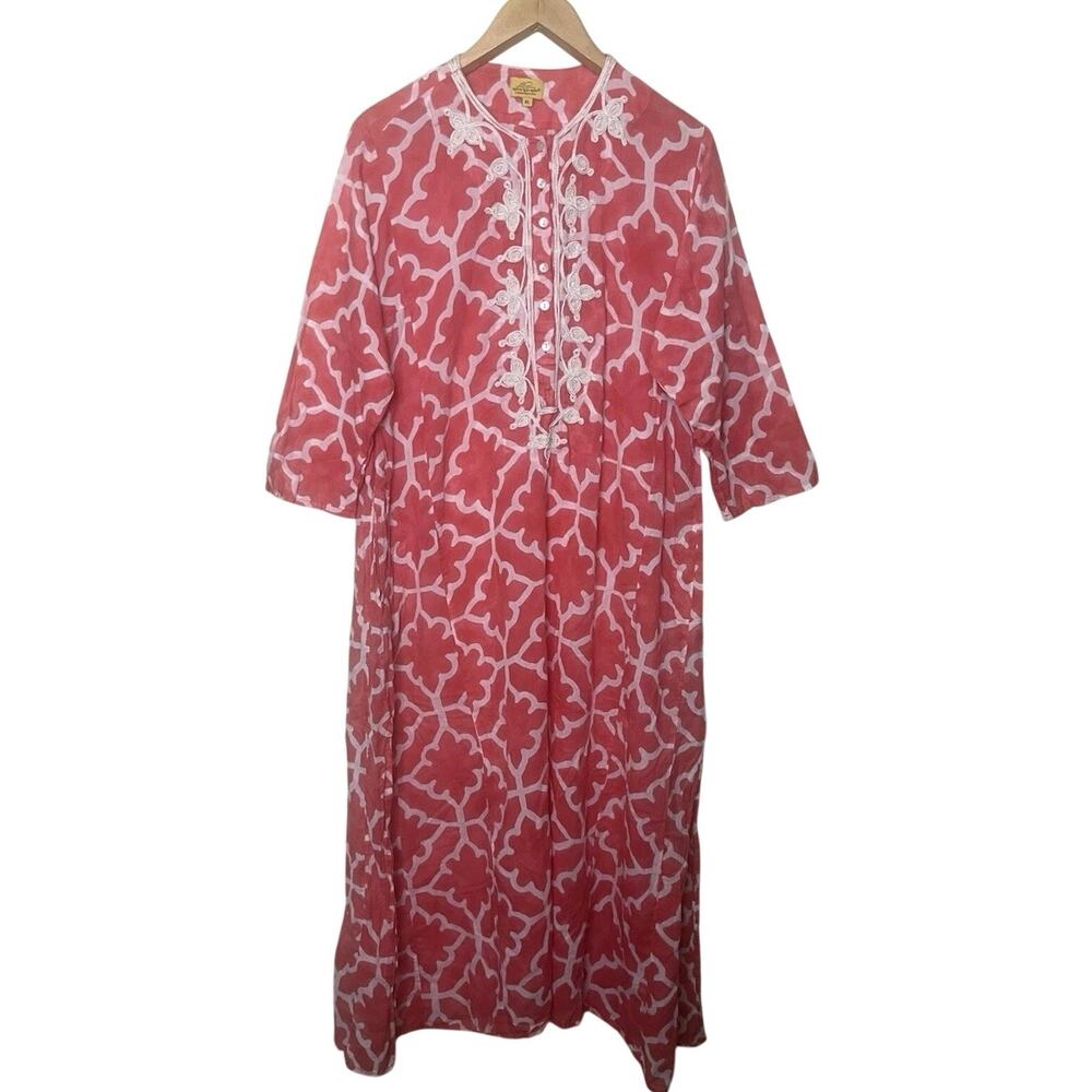 Roberta Roller Rabbit Hand Block Print Maxi Kurta Dress XL Coral Pink Kaftan